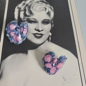 80's Vintage Petal Pink & Blue Heart shaped Porcelain Earrings Studs Handcrafted